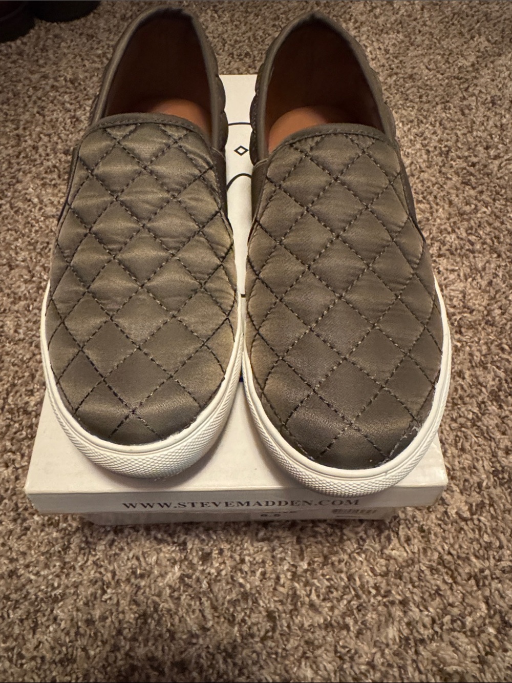 Steve Madden Quilted Slip-On Sneakers in Olive Green with White Soles